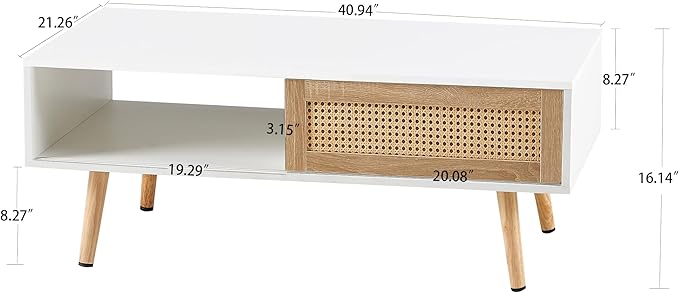 IANIYA 40.34" Boho Coffee Table, Rectangle Wooden Accent Center Tables, Living Room Table with Sliding PE Rattan & Solid Legs for Living Room, Apartment Small Space (White)