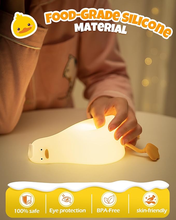 Cute Duck Night Light, Animal Lamp, Food Grade Silicone, Rechargeable, 3 Level Dimmable, Squishy Nursery Nightlight for Desk Decor, Funny Gifts Stuff for Boys Girls Baby, White Elephant Gifts
