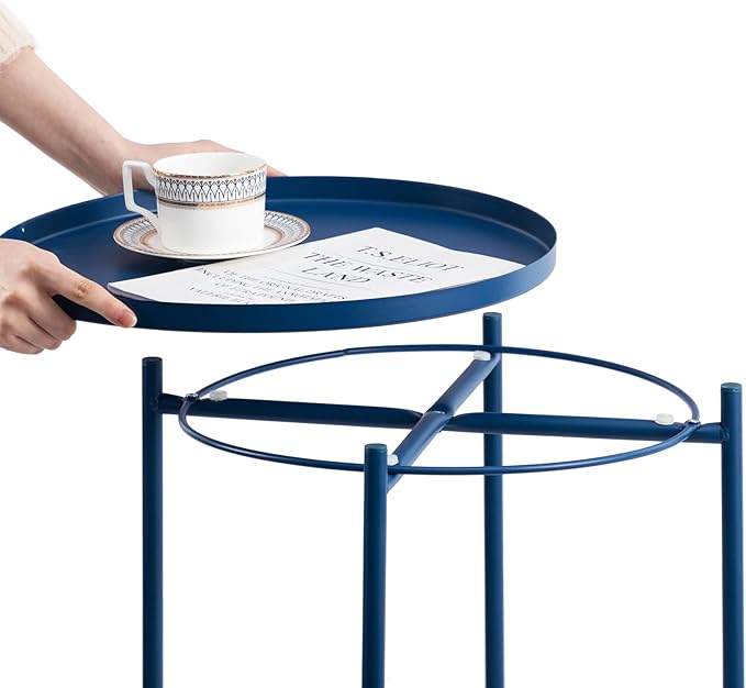 HollyHOME Round Metal Side Table, Outdoor Small Folding Accent Stand with Removable Tray, 17.72'' Portable End Table for Balconies, Gardens, Living Rooms and Bedrooms, Navy Blue