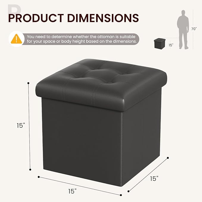 YOUDENOVA 15 inches Folding Storage Ottoman, Cube Storage Boxes, Small Ottoman with Foam Padded Seat, Support 300lbs (Black, Leather)