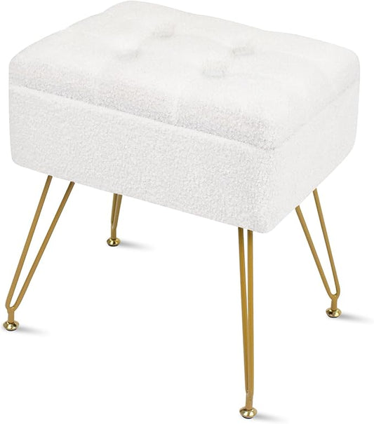 Vanity Chair with Storage, 15.7" L x 11.8" W x 17.7" H Teddy Velvet Vanity Stool with Coffee Table and Metal Legs, Multifunctional Makeup Stool for Vanity, Bedroom, and Living Room, White