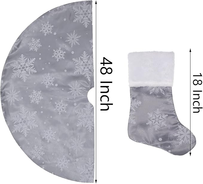 Flash World 36 Inch Large Christmas Tree Skirt Xmas Soft Cover Mat Decor Snowflake Collar Farmhouse Tree Skirt for Holiday Ornaments Party Home Indoor Decorations (Flocking Grey, 48INCH)