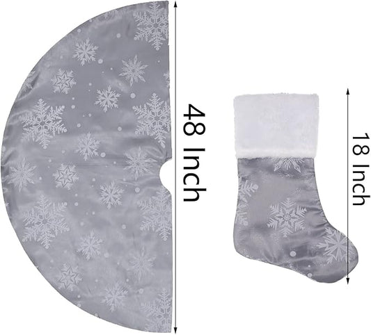 Flash World 36 Inch Large Christmas Tree Skirt Xmas Soft Cover Mat Decor Snowflake Collar Farmhouse Tree Skirt for Holiday Ornaments Party Home Indoor Decorations (Flocking Grey, 48INCH)