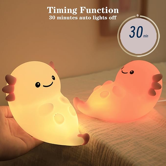 Cute Pink Axolotl Night Light, LED Squishy Night Lamp, Dimmable Timer Nursery Nightlight for Kids, Rechargeable Touch Lamp, Dorm Decor, Kids Funny Gifts (Pink Axolotl)