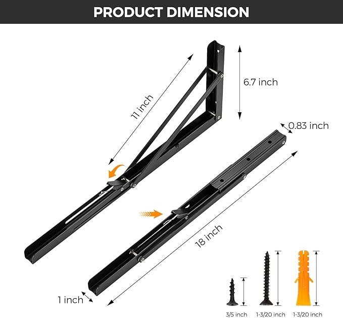 JOY DECOR 18 Inch Heavy Duty Folding Shelf Brackets, 2 Pack (1 Pair) Collapsible Wall Mounted Brackets for Fold Down Table, Stainless Steel Folding Table Hinge, Matte Black
