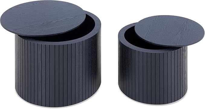 KEVINSPACE Small Coffee Table Nesting End Table Set of 2, Round Coffee Table with Storage Function Wood Side Table Circle Accent Tables for Small Spaces Living Room Bedroom Balcony Office Black