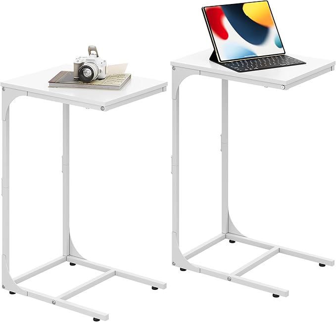 WLIVE C-Shaped End Table Set of 2, Small Couch Side Tables with Metal Frame, Sofa Table TV Tray for Living Room, Bedroom, White