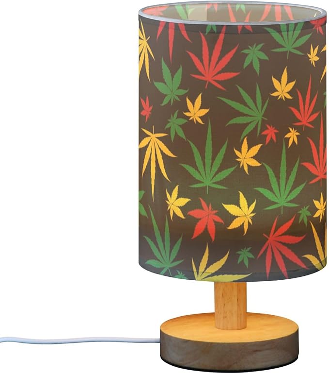 Table Lamp Multicolor Marijuana Cannabis Hemp Leaf Red Yellow Green Color Nightstand Lamp with Wood Base Fabric Lamp Shade Bedside Desk Lamp for Living Room Bedroom Kids Room Office