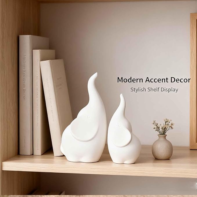 Ceramic Elephant Figurines with Trunk Up, Pair Couples Loving Elephant Statue, Small Figurines Sculpture African Home Decor, Valentine Elephants Gifts for Women, Wedding Knick Knacks（White）