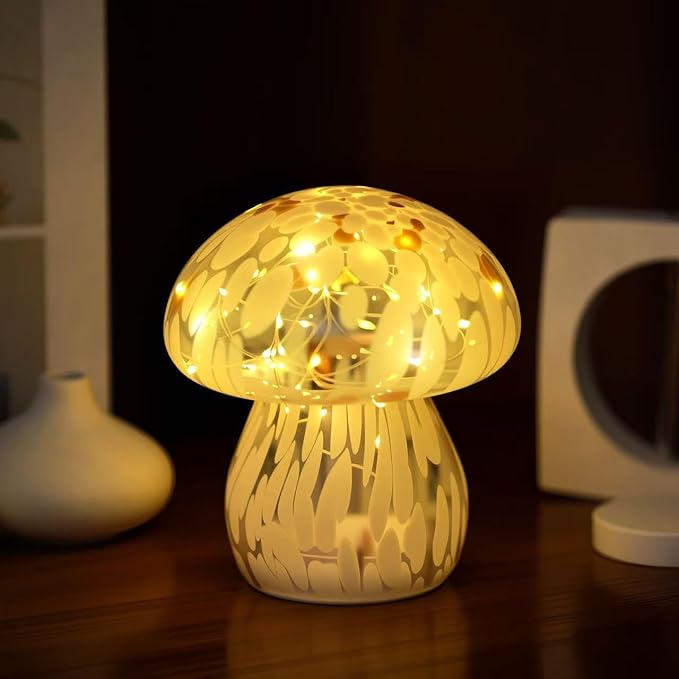 Small Glass Mushroom Table Lamp Night Light Bedside Desk Lamp for Bedroom Nightstand Light-White