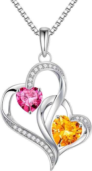 Iefil Christmas Gifts for Women - Double Heart Birthstone Necklace, 925 Sterling Silver Heart Pendant Necklace, Anniversary Birthday Gifts for Women | Personalized Jewelry Gift for Wife Mom Girlfriend