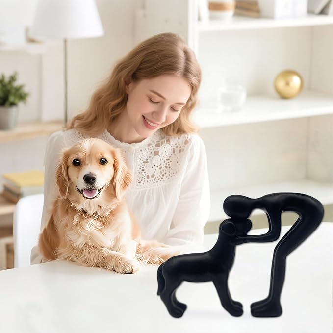 Mingzhang Human and Dog Statue Decoration Cute Black Dog Sculpture Home Decor for Office Living Room Bedroom, Memory Gifts for Pet Lovers Friends Family