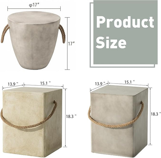 SUNBURY Concrete Side Table Set of 2, Outdoor Side Table for Patio, 18" H Outdoor Accent Table w Hemp Rope, Patio Side Table End Table in Medium Gray, Ceramic Side Table Garden Stool Log Table