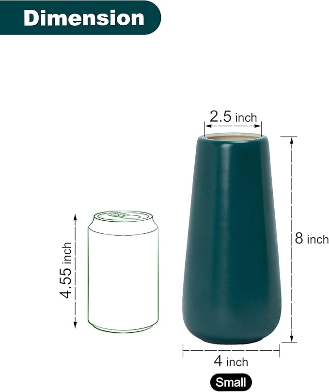 D'vine Dev 8 Inch Ceramic Flower Vase Matte Finishing, Minimalist Design for Home Décor, Bedroom, Living Room, Centerpieces, Office, Emerald Green, VS-XH-F-1