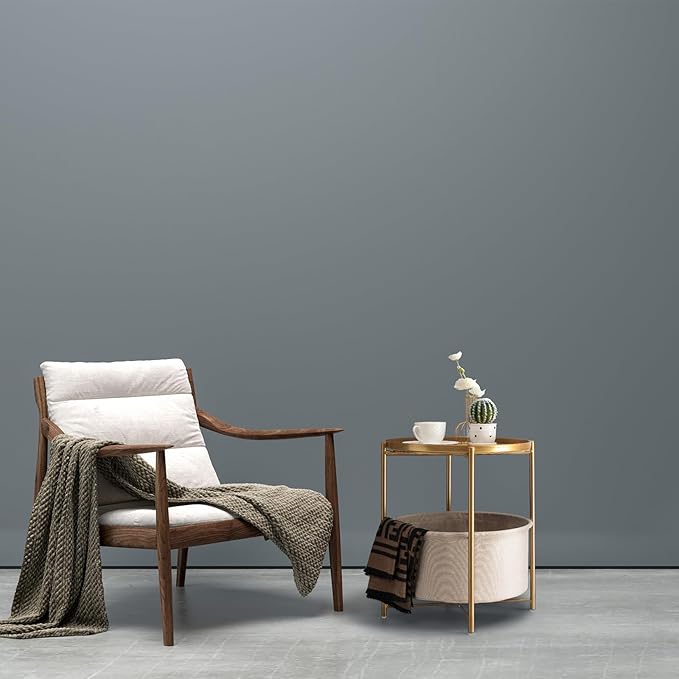 danpinera Round Side Table with Fabric Storage Basket, Pack of 2, Metal Side Table Small Bedside Nightstand with Removable Tray Top for Living Room, Bedroom, Nursery, Laundry, Gold