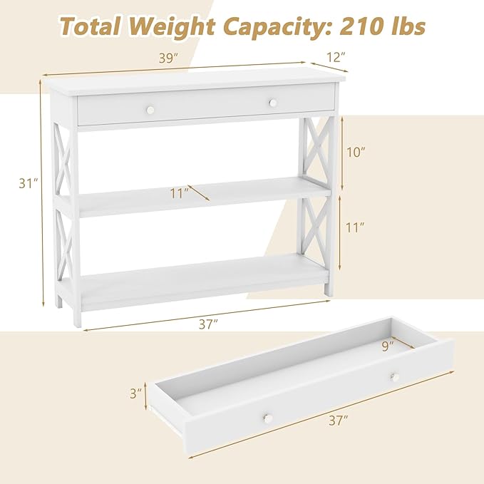 GOFLAME 39" Console Sofa Table with Drawers, 3-Tier Narrow Entry Table with Storage Shelves for Living Room Behind Couch, Entryway, Hallway (White)