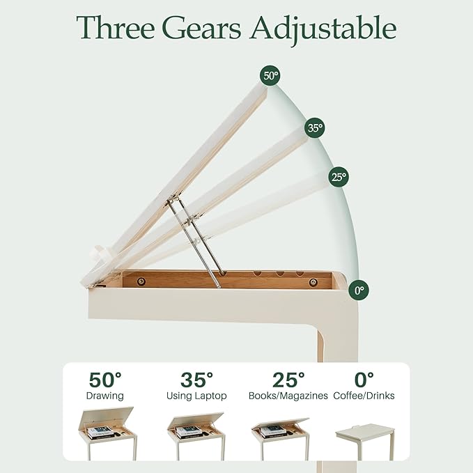 C Shaped Rolling End Table with Wheels - Solid Wood Side Table for Couch, Wooden Modern Tv Tray Bedside Tables for Sofa Armchair Living Room Bedroom, White, 15.4 in x 23.6 in x 24.8 in