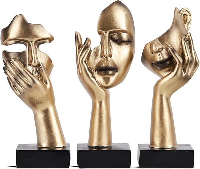 3 Pcs Thinker Small Statue Set - Black Gold Home Decor Abstract Art Figurines for Shelves, Living Room Coffee Table, Office Desktop (3 Pcs Gold, 6")
