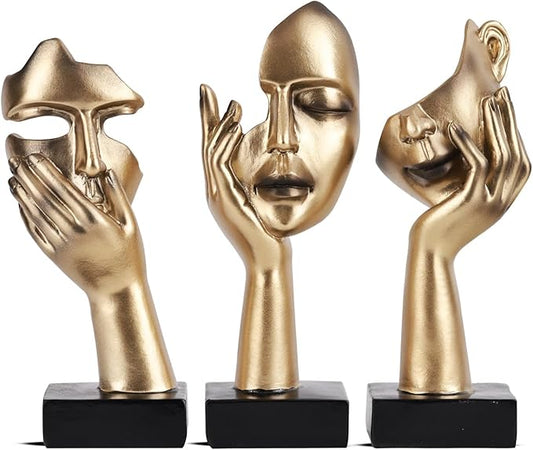 3 Pcs Thinker Small Statue Set - Black Gold Home Decor Abstract Art Figurines for Shelves, Living Room Coffee Table, Office Desktop (3 Pcs Gold, 6")