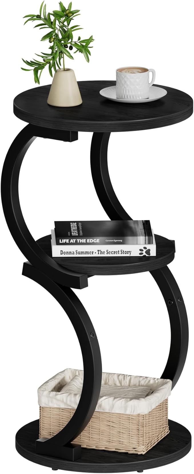 JUSTOGO Small Round Side Table, 3-Tier End Table for Living Room, Vintage Nightstand for Small Spaces Sofa Couch Corner Bedside Bedroom, S-Shaped Wood Accent Table Matel Coffee Table, Black