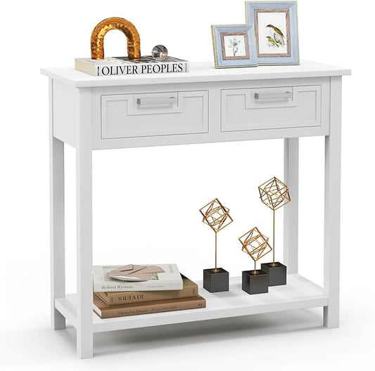 KOTEK Console Table with 2 Drawers & Shelf, Narrow Sofa Table with Rubber Wood Legs, Small Entryway Table for Living Room, Hallway, Office (White)