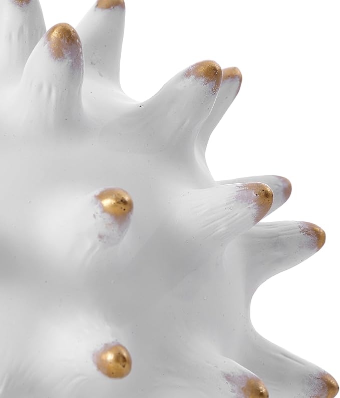 8” White Decorative Balls Sphere Statue for Modern Home Accent Decor Coffee Table Bookshelf Beach Office Living Room, Sea Urchin Spike Ball Decoration, Abstract Sculpture Centerpiece (Resin/Gold Tips)