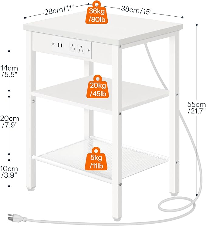 HOOBRO Side Table with Charging Station and USB Ports, Small End Table for Small Space, 3-Tier Nightstand with Adjustable Shelf, for Living Room, Bedroom and Balcony, White WW112BZ01