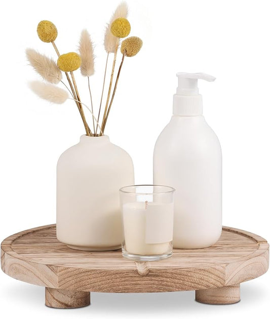 10'' Round Wooden Tray Pedestal Stand, Farmhouse Bathroom Decor Riser for Soap Dispenser, Perfume, Candle, 10'', Light Brown