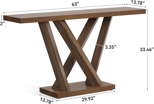 LITTLE TREE 63-Inch Console Table with Geometric Base, Modern Long Narrow Accent Sofa Table Behind The Couch, Wood Entryway Table for Hallway, Foyer, Living Room, Dark Brown