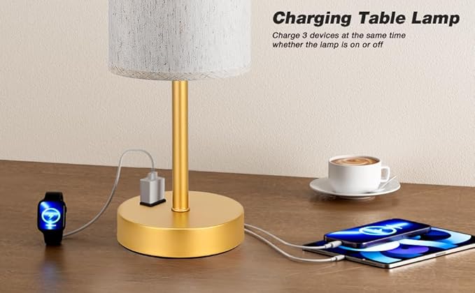 Fenmzee Touch Table Lamp - Cream, 3-Way Dimmable, USB A + C Charging, AC Outlet, 17.4inch Medium, Gold Metal Base