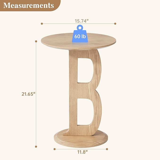 Aoligrace Round Side Table, Modern End Table with Letter B Leg, Wooden Accent Table for Couch Small Coffee Tables Nightstand for Small Spaces Living Room Bedroom
