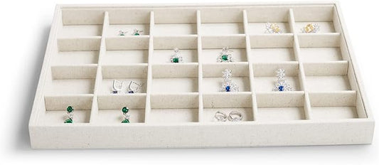 24 Girds Linen Jewelry Tray Earring Organizer Tray Ring Earrings Holder Jewelry Drawer Organizer Storage Display(Beige)