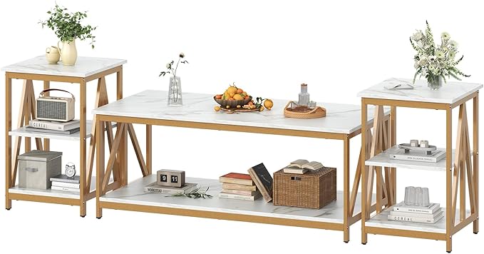 Bigbiglife Living Room Coffee Table Set of 3, Industrial Triangular-Design Coffee Table and 2 End Side Tables, 3 Piece Living Room Table Set with Large Storage for Apartment Home (Marble White)