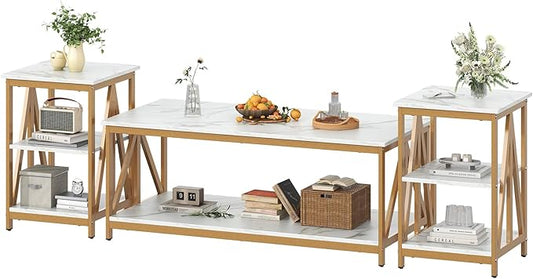 Bigbiglife Living Room Coffee Table Set of 3, Industrial Triangular-Design Coffee Table and 2 End Side Tables, 3 Piece Living Room Table Set with Large Storage for Apartment Home (Marble White)