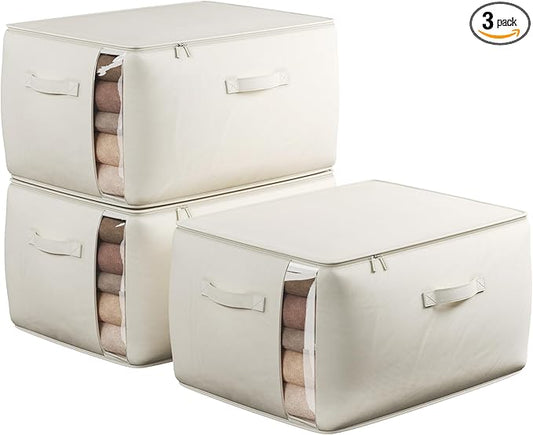 Large Canvas Clothes Storage Bags with Thick Handles and Clear Window, Foldable Cotton Linen Underbed Closet Organizer for Clothing, Blankets and Bedding, 60L, 3 Pack, Beige