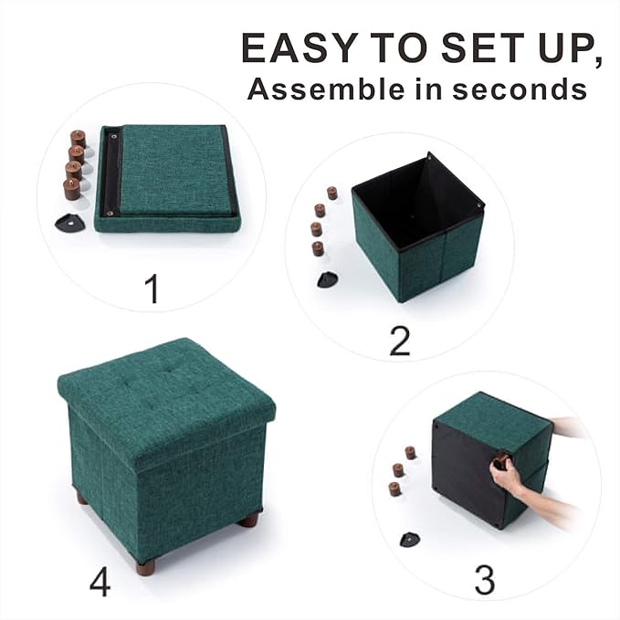 15 Inches Storage Ottoman with Wooden Legs, Cube Foot Rest Stool/Square Footstool Storage for Living Room, Foldable Fabric Ottoman, Comfortable Seat with Lid, Space-Saving Green