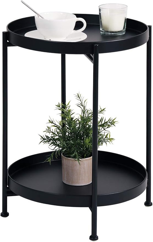 Tiita Round End Table Mental 2-Tier Side Table Nightstand/Small Iron Tables Accent Coffee Table for Living Room Bedroom Office Small Space