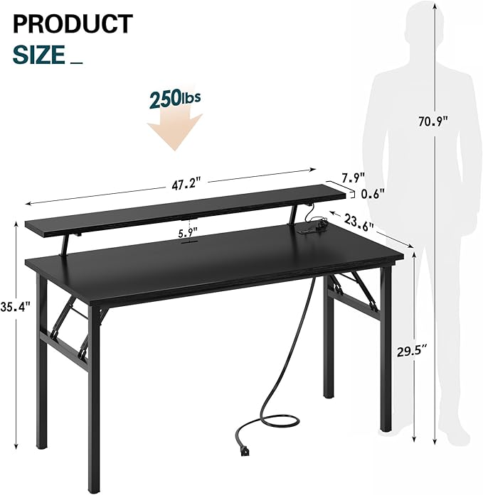 DlandHome Computer Desk 47’’ with LED Lights & Power Outlets,Folding Desk with Monitor Stand, Writing Desk Home Office Desk, Fully Assembled,Black