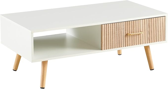 IANIYA Boho Coffee Table with Storage, Dining Table with Rattan Drawer and Solid Wood Legs, Small Center Tables for Living Room Small Space (White/Natural)