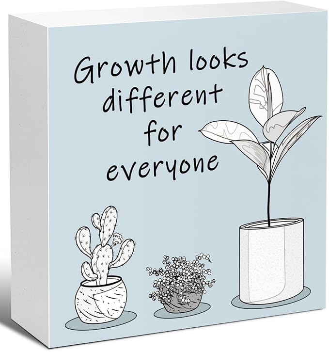 LVQHI Blue Inspirational Wood Block Sign,Growth Looks Different for Everyone Plant Motivational Wooden Block Sign for Home Bedroom Office Desk Decor,Inspirational Cheer Up Gift for Coworker Friend