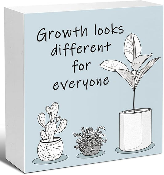 LVQHI Blue Inspirational Wood Block Sign,Growth Looks Different for Everyone Plant Motivational Wooden Block Sign for Home Bedroom Office Desk Decor,Inspirational Cheer Up Gift for Coworker Friend