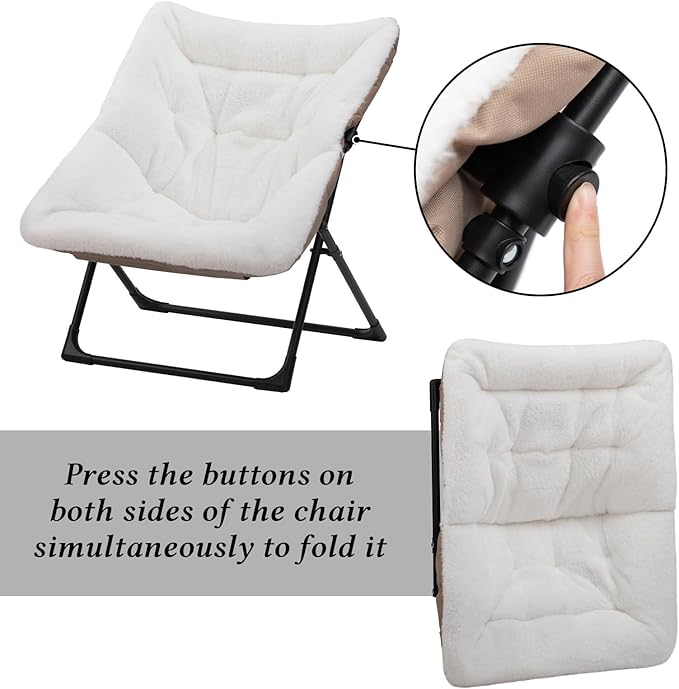 HollyHOME X-Large Saucer Chair, Comfy Oversized Folding Chair, Faux-Fur Reading Chair for Teens, Adults, Foldable Accent Lazy Chair, Metal Frame Lounge Chair for Living Room, Bedroom, Dorm, White
