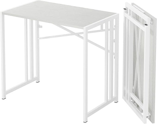Small Folding Desk 35 inch, No Assembly Required Narrow Office Desk, Writing Gaming Computer Camping Table, White