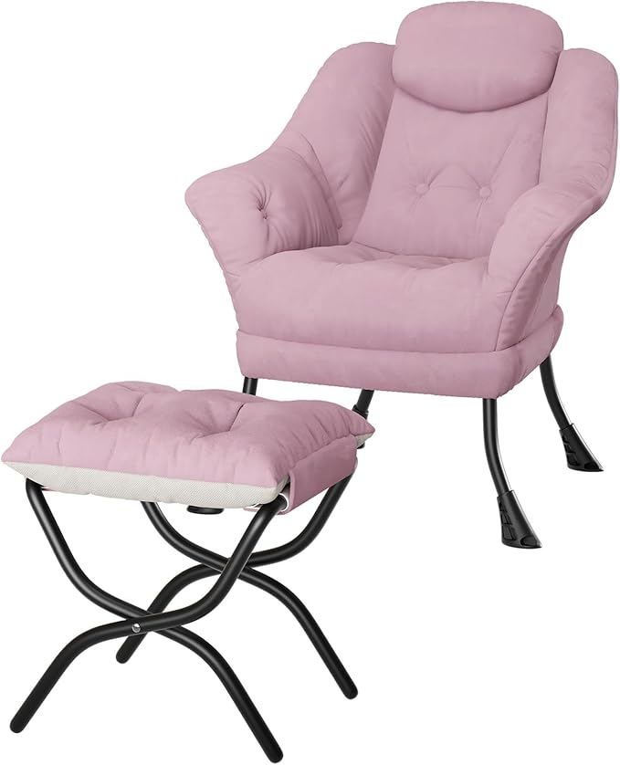 Living Room Chair Modern Accent Chair with Ottoman, Ergonomic Support, Foldable Footrest, Removable Washable Cover, Perfect for Bedroom and Living Room, Pink