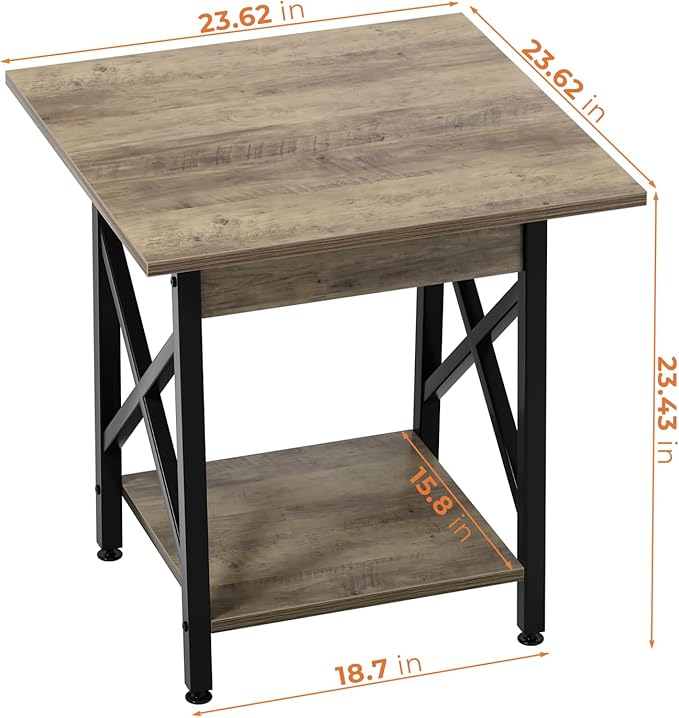GreenForest End Table 24 inch for Living Room, Large Square Side Tables with X-Frame, Tall Industrial Bedside Nightstand with 2-Tier Storage, Gray Wash