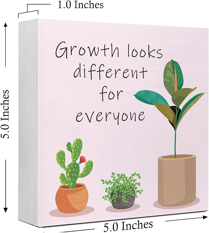 LVQHI Pink Inspirational Wood Block Sign,Growth Looks Different for Everyone Plant Motivational Wooden Block Sign for Home Bedroom Office Desk Decor,Inspirational Cheer Up Gift for Coworker Friend