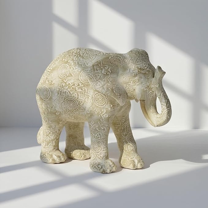 Guichifun Elephant Statues Decor Collectible Figurines - Cream Resin Boho Elephant Decoration Handmade Brings Good Luck Health for Living Room Shelf Office Gifts for Women 7.25 x 3.25 x 5.75 Inch