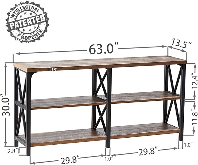 IBF Farmhouse Entryway Table, Rustic Long Console Table Behind Couch, Modern Metal Wooden Sofa Table with Storage Shelves, 3 Tier Foyer Hallway Table for Livingroom, Rustic Oak,63 in