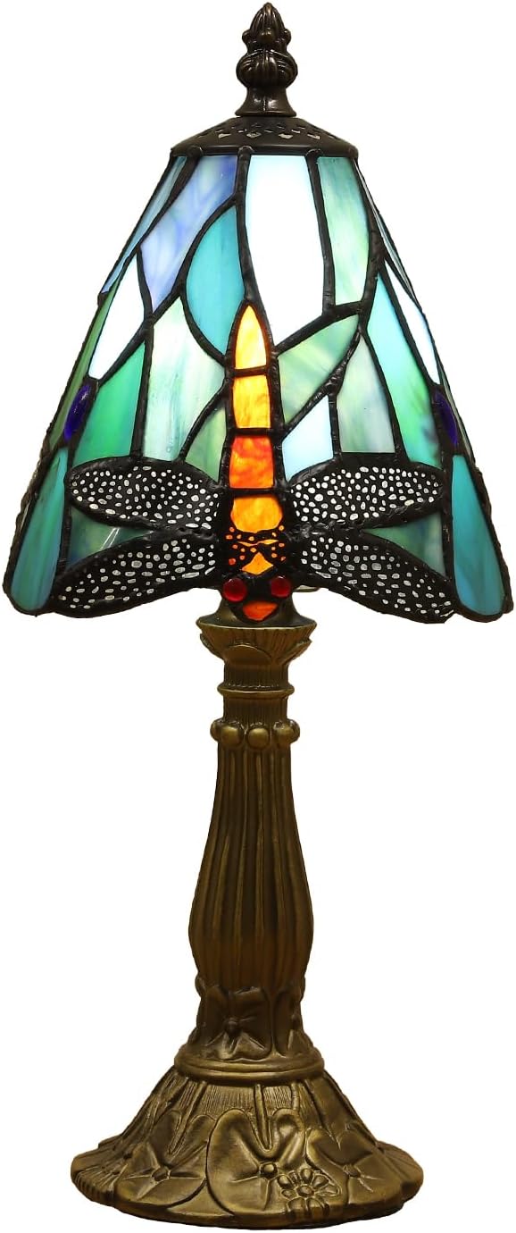 Tiffany Small Lamp Blue Dragonfly Stained Glass Bedside Nightstand Table Lamp,3-Way Color Temperature Handcrafted Lamps for Living Room Bedroom+ LED Bulb,Gifts for Home Decor,6X6X13Inch