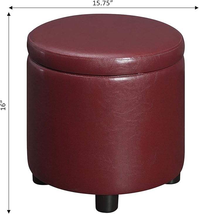 Convenience Concepts Designs4Comfort Round Accent Storage Ottoman in Burgundy Red Faux Leather Finish